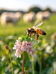 Fototapeta premium A honeybee collecting nectar from a clover flower in a sunlit meadow with sheep grazing in the background.