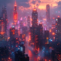 Fototapeta premium A vibrant city skyline at dusk, illuminated by colorful lights and reflections on water.