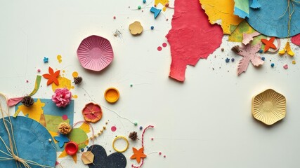 A visually dynamic composition featuring a collection of mixed media elements arranged in an abstract and textured collage layout, artistic, colorful, mixed media