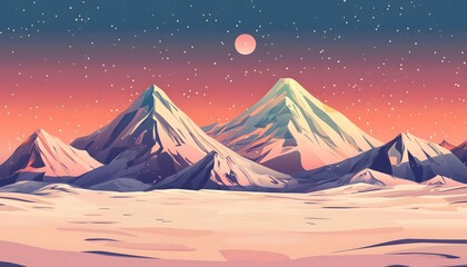 An illustration of a winter landscape with snow capped mountains
