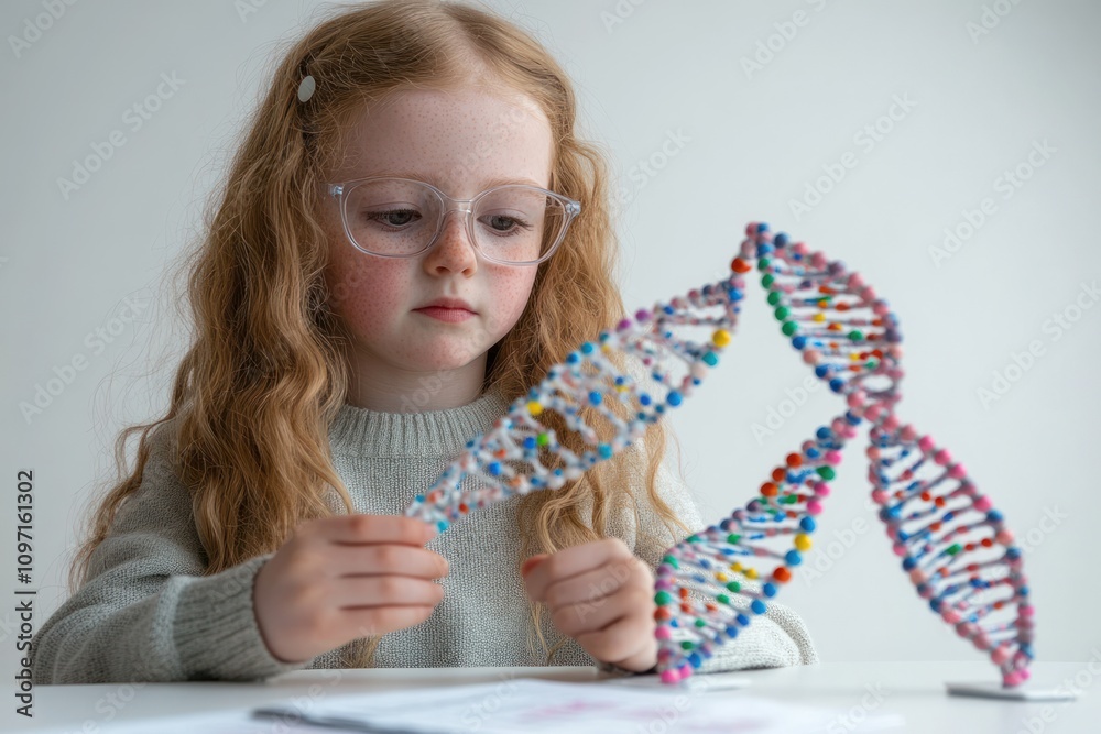 Aufkleber a child examines a colorful dna model, exploring genetics and science concepts.