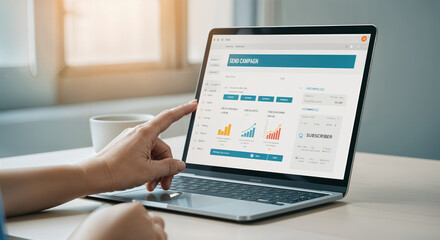 Business analytics dashboard on laptop screen with interactive charts and graphs