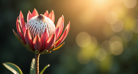 Radiant protea flower glowing in golden sunlight