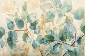 Eucalyptus branches with green leaves on an abstract beige watercolor background. Artistic botanical illustration for design and print.  Ayurveda, ayurvedic herbs, Generative AI