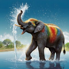 Happy Elephant with Rainbow