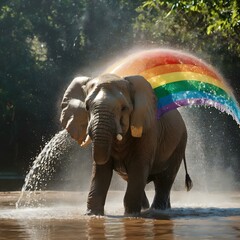 Happy Elephant with Rainbow