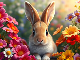 Cute rabbit surrounded by beautiful flowers