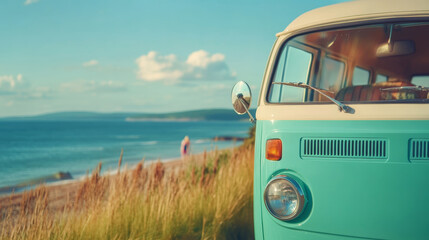 A vintage turquoise van parked near the beach, framed by golden grass, with a serene ocean backdrop and a bright blue sky dotted with clouds.