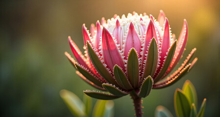 Fototapeta premium Radiant protea flower glowing in golden sunlight