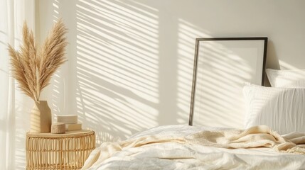Sunlit Bedroom Decor With Pampas Grass And Blank Frame