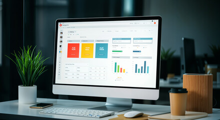 Modern office desk with computer displaying data analytics dashboard in a minimalist workspace