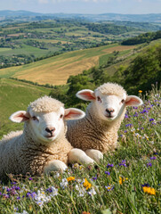 Fototapeta premium Lambs lying on a vibrant hillside, with a stunning countryside backdrop of rolling fields and blue skies.