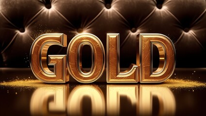 3D gold text "GOLD" on a brown velvet background with gold glitter.