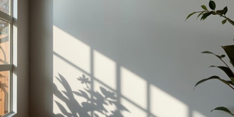 Realistic shadow effect of a potted plant on a white wall background, visual, creative