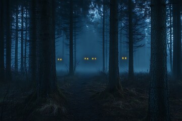 Fototapeta premium A misty forest scene with glowing lights in the background, evoking mystery and intrigue.