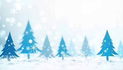 Fototapeta premium Blue Christmas trees with snowflakes, winter wonderland theme, festive background
