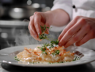 Chef’s hands placing fresh herbs on a steaming gourmet dish, showcasing culinary art in motion.