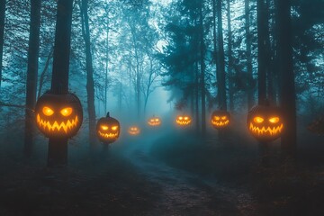 A spooky forest path illuminated by glowing jack-o'-lanterns, creating a Halloween atmosphere.