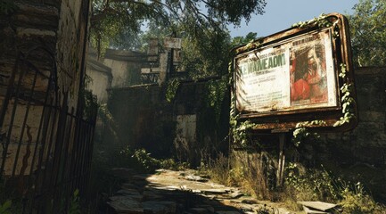 Overgrown urban scene featuring a weathered billboard and lush vegetation.