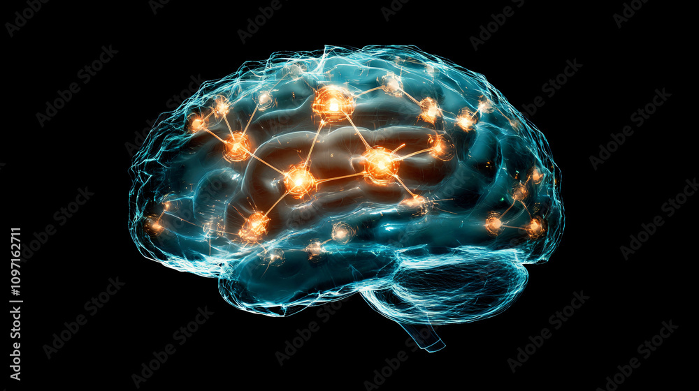 Aufkleber intricate web of neurons firing and communicating in a transparent human brain, representing cogniti