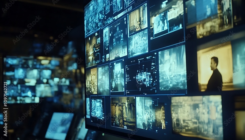 Poster a high-tech control room with multiple screens displaying various data and images.