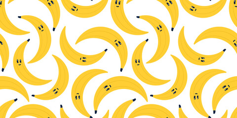 Bananas Pattern with Cute face. Seamless print of scattered Yellow tropical fruit with Kawaii face. Children cheerful character. Vegan food. Healthy vitamin nutrition. Flat style. Vector illustration