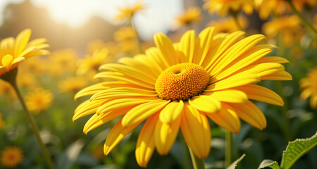Bright yellow sunflower with vibrant petals and green leaves against a soft beige background, creating a cheerful and nature-inspired floral design