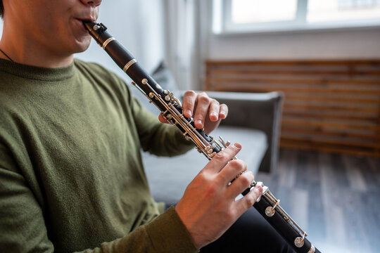 Clarinet player. Clarinetist hands playing flute woodwind music instrument closeup, sitting on couch at home, soft focus. Musical instruments. Guy plays the oboe in living room. Hobby. 