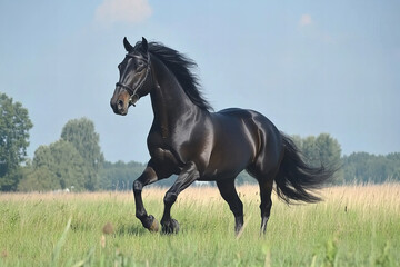 Obraz premium Majestic black horse galloping in a vibrant green meadow under a bright blue sky, embodying freedom, strength, and natural beauty in a serene countryside setting