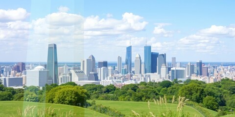 Abstract triple exposure image effect featuring overlapping layers of nature, cityscape, and geometric shapes, geometric, cityscape, nature