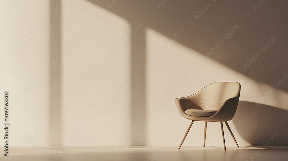 Poster beige armchair in an empty room with sunlight creating shadows on the wall, perfect minimalist inter
