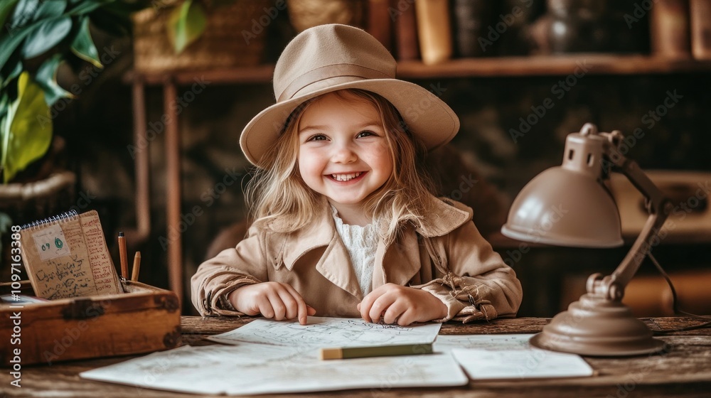 Aufkleber a cheerful child in a hat poses at a desk with maps and a lamp, embodying adventure.