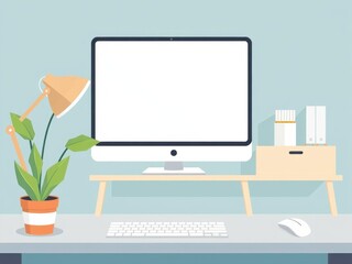 A desktop vector mockup featuring a blank screen surrounded by a keyboard, mouse, and plant, mockup, office