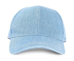 Stylish denim baseball cap isolated on white. Mockup for design