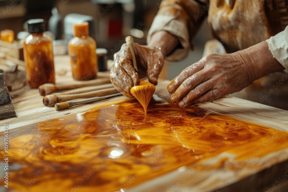 Poster a person applying a glossy resin finish to a wooden surface with brushes.