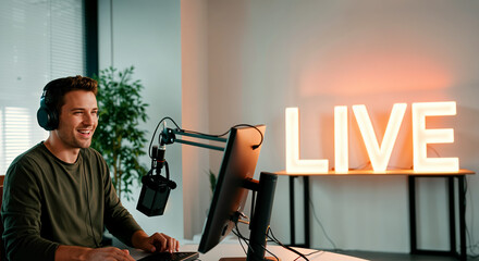 Enthusiastic man live streaming in modern home studio with neon light