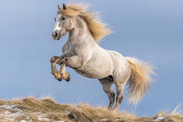 Majestic black horse galloping in a vibrant green meadow under a bright blue sky, embodying freedom, strength, and natural beauty in a serene countryside setting