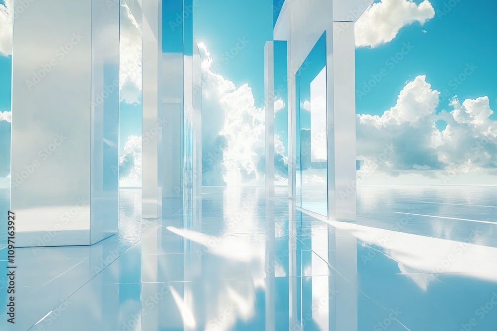 Poster a serene, reflective space with tall structures under a bright sky and fluffy clouds.