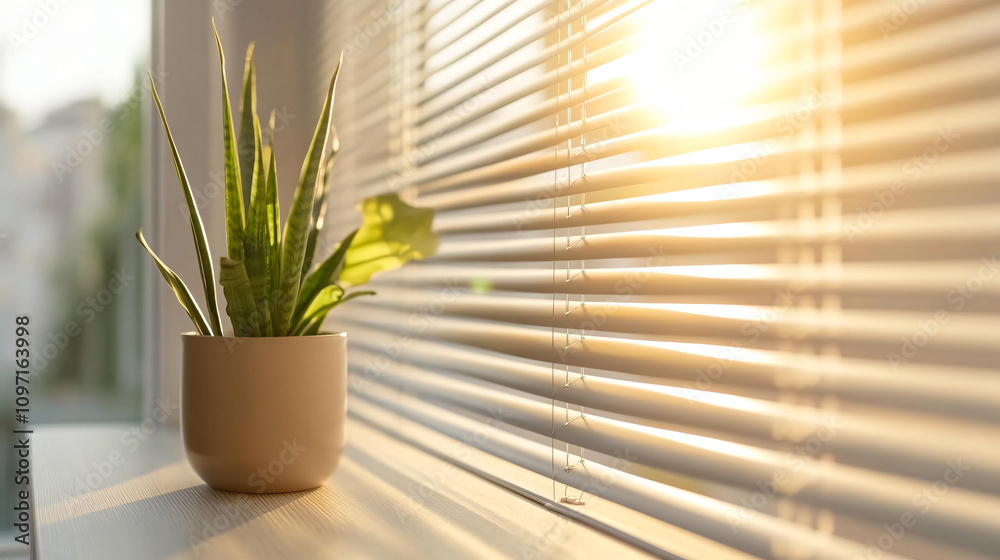 Aufkleber potted plant basks in the sun's warm glow on a windowsill, creating a serene and inviting ambiance