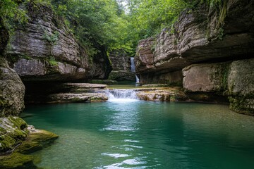 Fototapeta premium Serene river surrounded by lush greenery and rugged cliffs in a tranquil forest setting