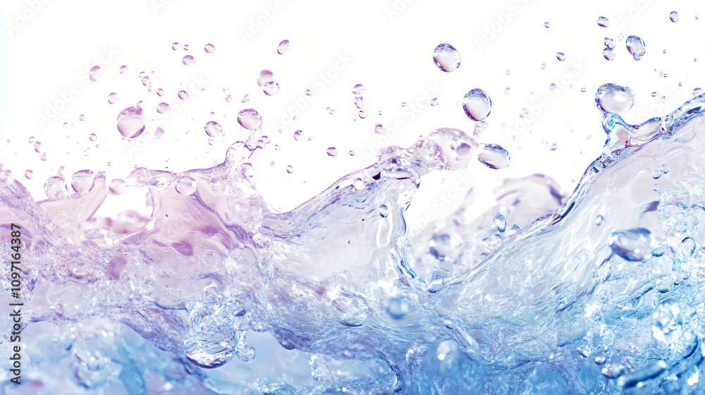 Poster studio shot of splashing water with droplets on gradient blue and purple tones over white background