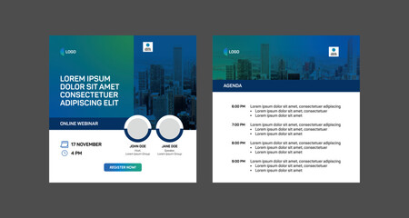 instagram webinar conference social media template post slider carousel banner poster web summit seminar online business flat blue green color background minimal design square size poster templates