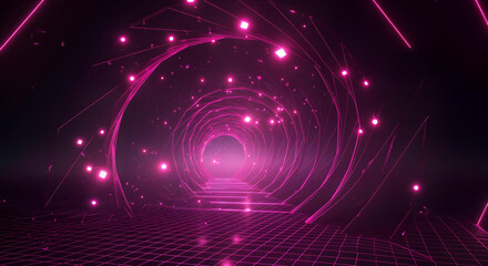Futuristic neon tunnel with glowing pink lights and spiraling geometric patterns