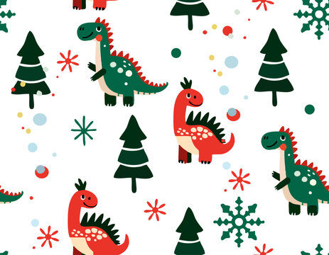 Hand drawn vector seamless
christmas child pattern with cartoon funny
dinosaurs cub, snowflakes and christmas trees.
2025 New Year fashion
ornament for fabric, paper, textiles, notepad, packaging.