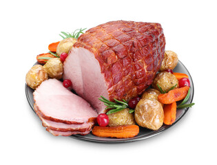 Christmas food. Tasty baked ham, vegetables and mushrooms isolated on white