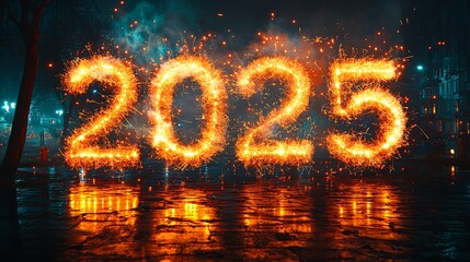 Mesmerizing Fireworks and "2025" for a Joyous Happy New Year, 楽しいハッピーニューイヤーを迎える魅惑的な花火と「2025」.Generative AI
