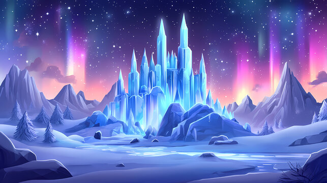 Enchanting frozen kingdom under northern lights with majestic ice castle and starry sky. Ethereal Winter Kingdom. Illustration