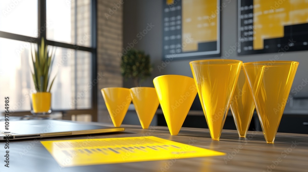 Aufkleber a modern workspace featuring yellow cone-shaped objects and a laptop on a wooden table.