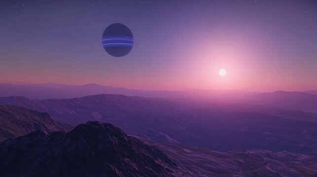Dusk View From an Alien Landscape Featuring a Gas Giant Planet on the Horizon. Generative AI