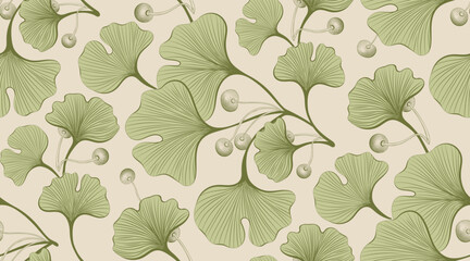 Hand-drawn ginkgo biloba seamless pattern, outline vector illustration, botanical sketch on white background